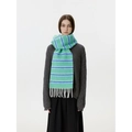 Striped wool blend scarf in mint green and navy blue with thick white tassels - Green and Blue Stripes