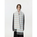 Blue and brown striped wool blend scarf with fringe for warm winter layering - Light Blue Orange Striped