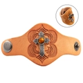 Vintage brown leather ring with embossed patterns, metal cross, and tiger eye stone inlay - Light Orange