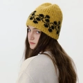 Winter vintage jacquard knit beanie in ginger yellow with black geometric patterns - Turmeric