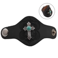 Retro black leather wide cuff bracelet with silver cross and inlaid turquoise stone - Black