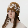 Retro geometric jacquard knit beanie for winter in caramel brown and white pattern - Camel