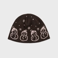 Dark brown wool blend knit beanie featuring pink snowman jacquard patterns and snowflakes - Brown