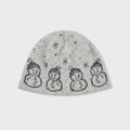 Grey wool blend beanie with black snowman jacquard pattern for winter style - Light Gray