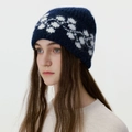 Winter navy blue jacquard knit beanie with white snowflake pattern for women - Navy Blue