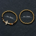 Set de pulseras de cuentas ojo de tigre doradas con cruz de circonitas y cuerda elástica - Juego de 2 Piezas Dorado