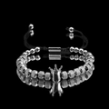 Bracelet rétro en perles d'acier titane avec couronne et cordon noir réglable - Argenté