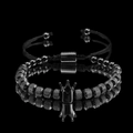 Bracelet rétro à perles noires avec couronne et cordon tressé réglable - Noir