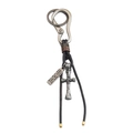 Porte-clés vintage en cuir noir avec pendentif croix argentée et plaque gravée - Croix