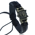 Punk leather braided bracelet with bronze wolf head and crossbones charm design - Bronze Black Rope