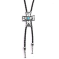 Cravatta bolo cowboy punk con ciondolo a croce turchese e corda intrecciata nera - Cordino in Pelle Nero-Argento