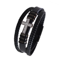 Bracciale multistrato in pelle nera con ciondolo a croce con cristalli e cordini - 19cm / Nero