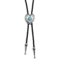 Punk denim bolo tie with a heart-shaped turquoise stone and vintage engraved metal pendant - Silver-Black Leather Cord
