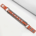 Punk Lederarmband in Orange mit silbernen Sternnieten und doppelten Metallketten - Orange