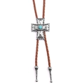 Cravatta Bolo con croce d'argento vintage e turchese blu su cordoncino in pelle marrone - Cordino in Pelle Marrone-Argento