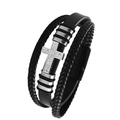 Bracciale in pelle nera intrecciata con croce d'argento e zirconi scintillanti incastonati - 19cm / Argento