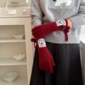 Rote Strickhandschuhe mit Schleife und Herz-Aufnäher für warme Hände im Winter - Burgunderrot