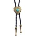 Western punk bolo tie featuring heart-shaped turquoise stone and braided leather cord - Bronze