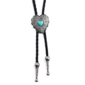 Punk heart bolo tie with blue turquoise gemstone and silver-engraved metal slide - Antique Silver