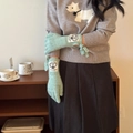 Minzgrüne Strickhandschuhe mit Schleife und Cartoon-Patch für wohlige Winterwärme - Hellgrün