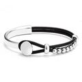 Bohemian double-layer black leather cord bracelet with polished silver metal hardware - Black