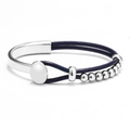 Minimalist double-layer bohemian bracelet with dark blue leather cord and silver beads - Blue