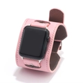 Detail of pink leather cuff watch band with silver buckle and precision stitching - 42/44mm Pink
