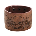 Men's brown leather wide cuff bracelet featuring embossed skull and flame punk patterns - Brown