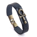 Vintage Lederarmband in Schwarz mit bronzenem Ankh-Anhänger und Kordeldetails - Schwarzes Ankh-Symbol Stil (QNW2887-1)