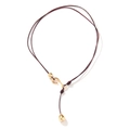 Minimalist brown leather cord necklace with gold hook clasp and teardrop pendant - Gold