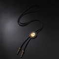 Vintage western bolo tie with bronze cross buckle and black leather braided cord - Antique Bronze Cross