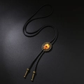 Vintage bolo tie with amber glass stone in bronze frame on black braided leather cord - Antique Bronze Holy Cup
