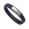 Bracciale WWJD in pelle intrecciata con cuciture blu e fibbia con croce d'argento - Croce Blu