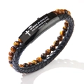 Tiger eye stone and black braided leather WWJD bracelet with engraved cross metal clasp - Tiger Eye Bracelet