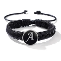 Verstelbare zwarte gevlochten armband met een zilveren medaillon en de letter A - Letter A