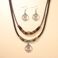 Conjunto de collar de cuero multicapa y pendientes de flor con cuentas retro - Piezas Collar Pendientes Flor