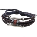 Bracciale multistrato da uomo in pelle intrecciata retrò con ciondoli in metallo argento - Marrone