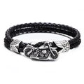 Bracciale da uomo punk in pelle intrecciata con fibbia moto in acciaio inossidabile - Nero