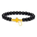 8mm black matte stone beads bracelet with golden cross and letter U pendant charm - Letter U