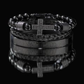 Set pulseras negras de hombre con cruz, cuerda trenzada y brazalete de acero - Set de 3 piezas / Negro
