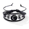 Multilayer black leather bracelet with silver metal beads and white letter C charm - Letter-C