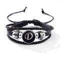 Multilayer leather bracelet with black braided ropes and silver letter D charm - Letter-D