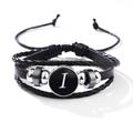 Bracelet multicouche en cuir noir tressé avec breloque lettre I et cordon réglable - Lettre-I