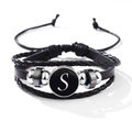Bracelet multicouche en cuir noir tressé avec perle argentée et breloque lettre S - Lettre-S