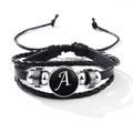 Bracelet multicouche en cuir noir avec perles tressées et breloque ronde lettre A soleil - Lettre-A