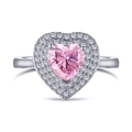 Elegant S925 sterling silver ring with a large pink heart zircon in a double halo setting - US 5 / Platinum Plated Pink Zirconia