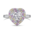 S925 sterling silver heart ring with large clear center stone and colorful pave crystals - US 5 / White Gold Multicolor