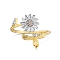 Verstellbarer S925 Silberring mit drehbarer Sonnenblume, gelben Steinen und Biene Motiv - Sonnenblume Bienenstil (DY120858) / Gold