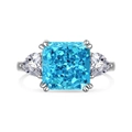 S925 sterling silver ring with radiant-cut blue square stone and side triangles - US 9 / Blue Rhinestone