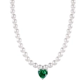 Elegante collana di perle con ciondolo a cuore in zircone verde in argento sterling S925 - Argento 925 / Oro Bianco Zirconia Verde (DY190642-S-W-GN)